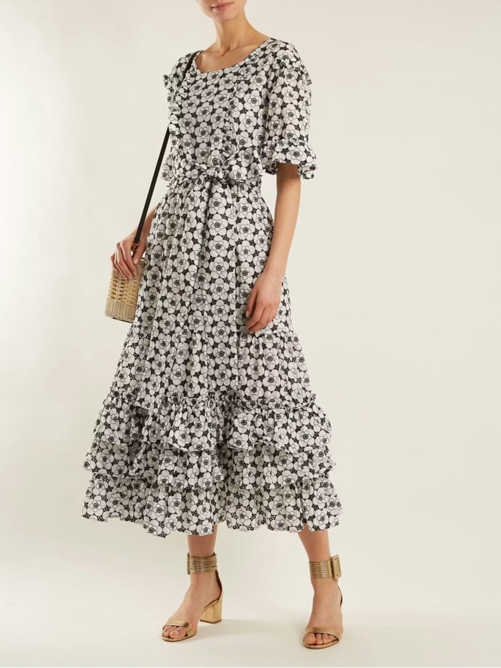 Lisa Marie Fernandez Black and White Floral Tiered Midi Dress with Tie Waist